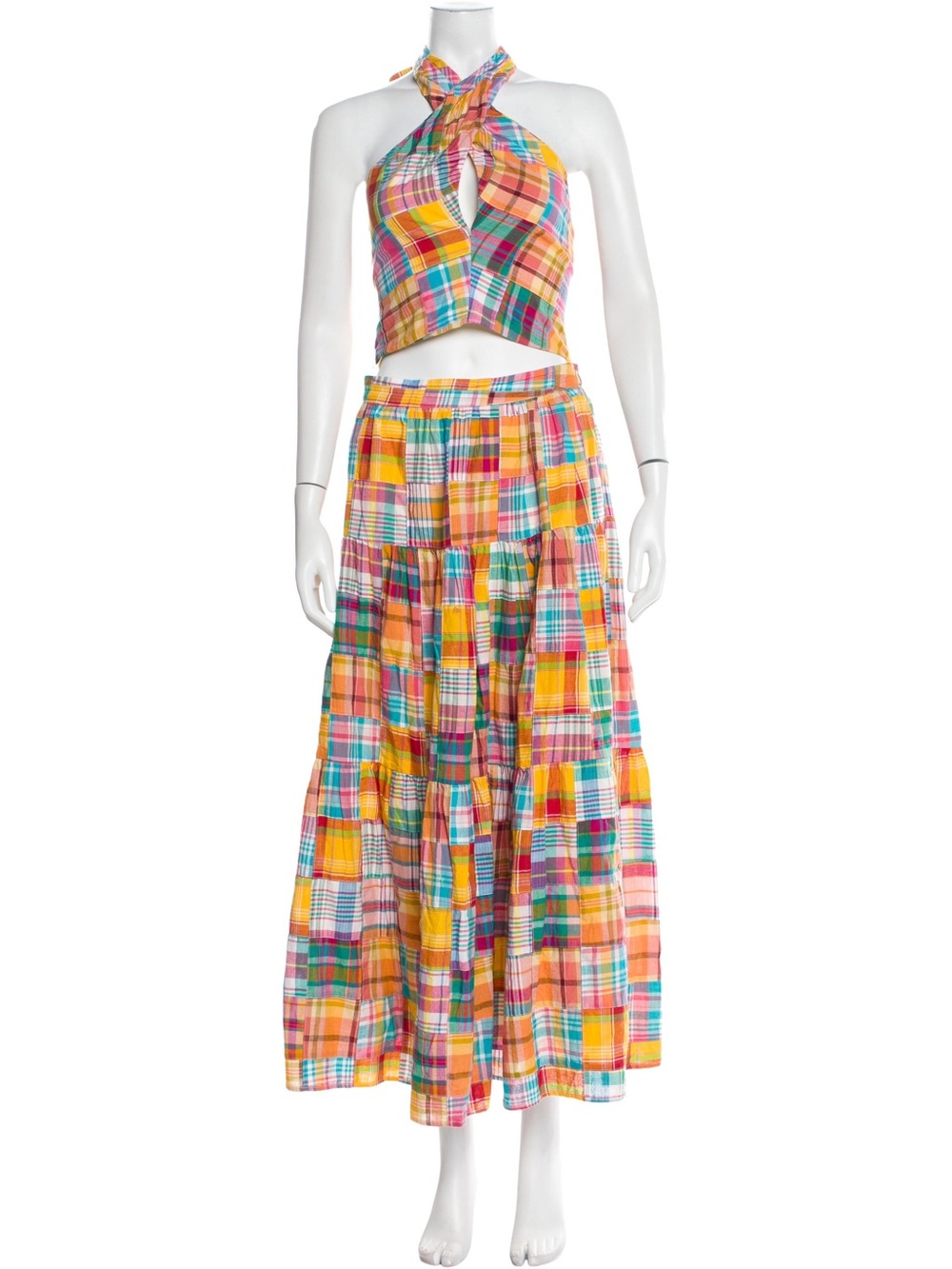 STAUD Multicolor Plaid Halter Maxi Dress — Yellow, Pink, Blue, Green
